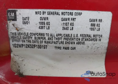 2002 Pontiac Grand Prix Gt из США, поврежденный, VIN 1G2WP12K52F139197